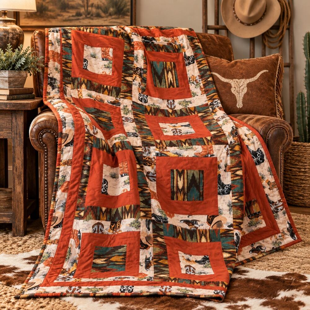 Handmade Western Cowboy Patchwork Quilt Throw 43x54 Boots Hats Cactus Rustic